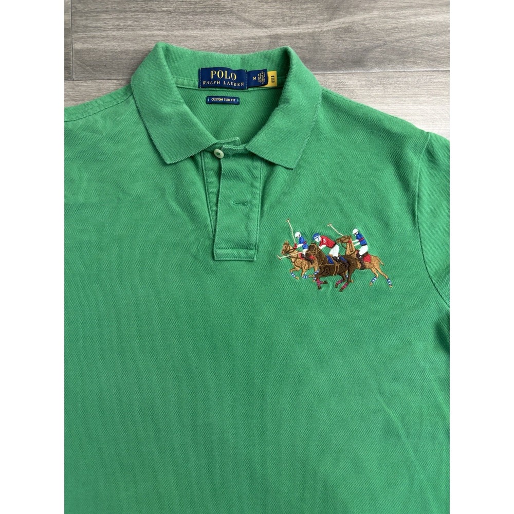 Polo Ralph Lauren Triple Pony Shirt Men M Green Custom Slim Fit Multi Color Logo